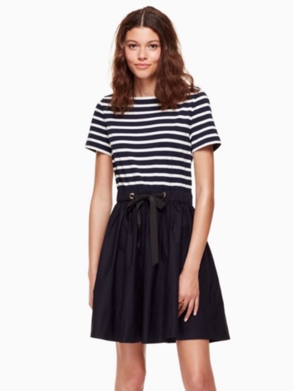 KATE SPADE STRIPED MIXED MEDIA FIT FLARE MINI DRESS NAVY WHITE SAILOR
